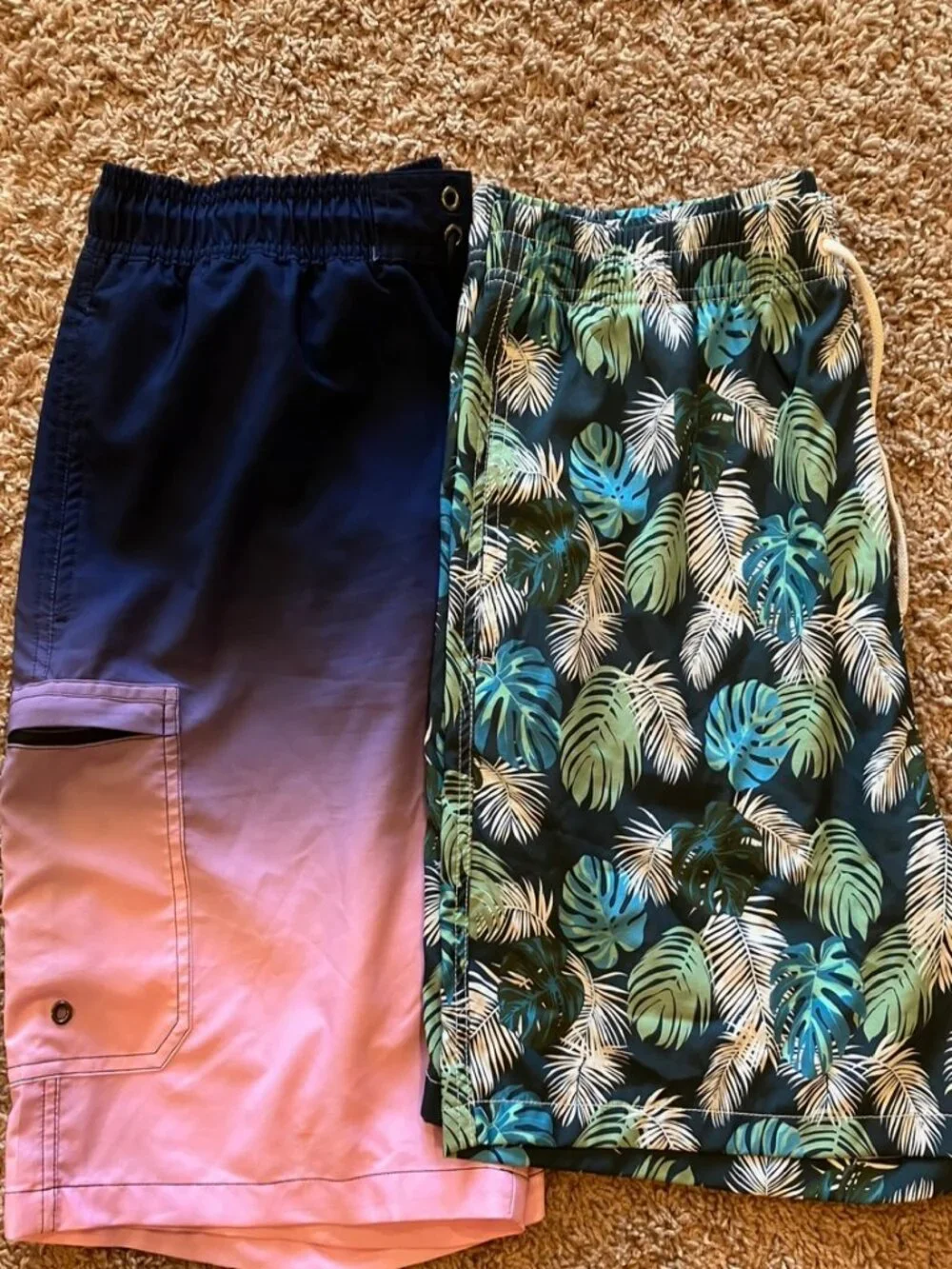 Mens 2XL Swim Trunks Bundle Tropical Palm Ombre Blue Pink Tie Waist Board Shorts